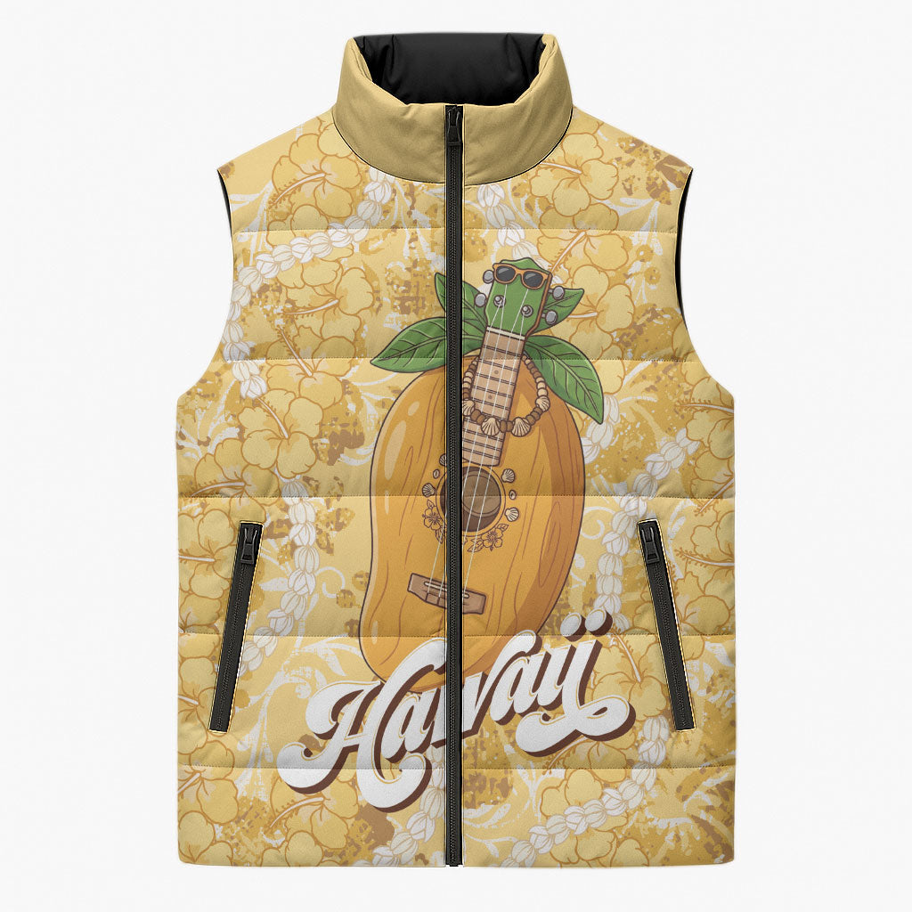 Hawaiian Mango Ukulele Sleeveless Puffer Jacket Retro Yellow Hibiscus Pikake Lei