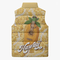 Hawaiian Mango Ukulele Sleeveless Puffer Jacket Retro Yellow Hibiscus Pikake Lei