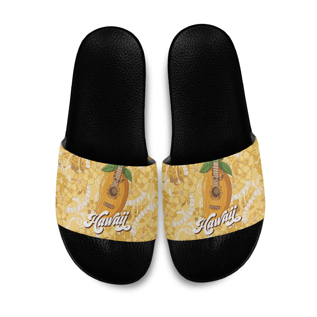 Hawaiian Mango Ukulele Slide Sandals Retro Yellow Hibiscus Pikake Lei
