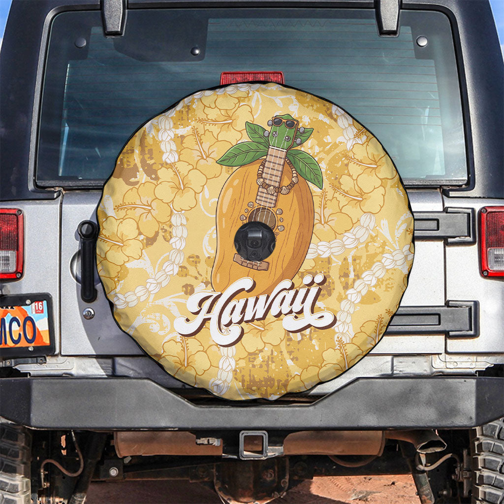 Hawaiian Mango Ukulele Spare Tire Cover Retro Yellow Hibiscus Pikake Lei