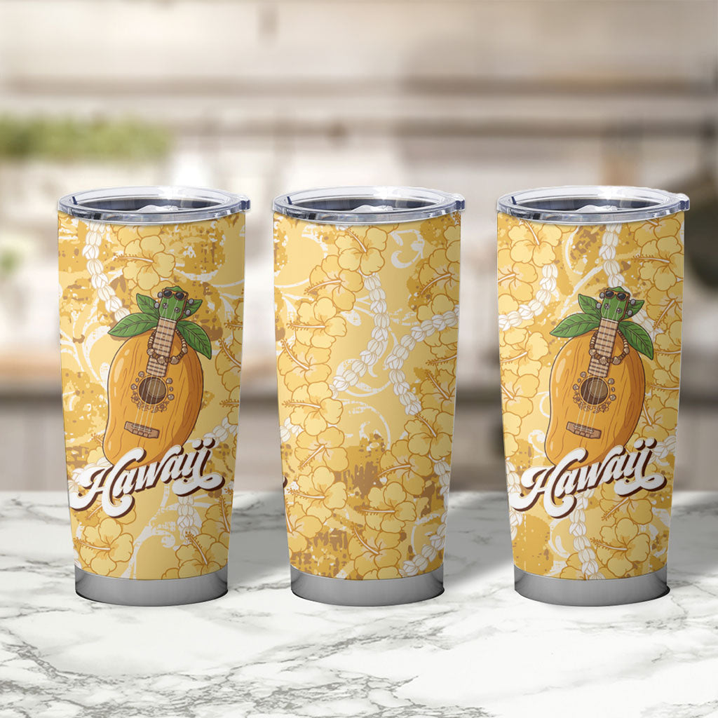 Hawaiian Mango Ukulele Tumbler Cup Retro Yellow Hibiscus Pikake Lei