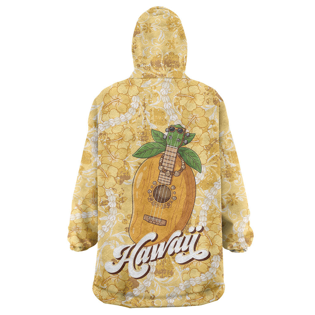 Hawaiian Mango Ukulele Wearable Blanket Hoodie Retro Yellow Hibiscus Pikake Lei