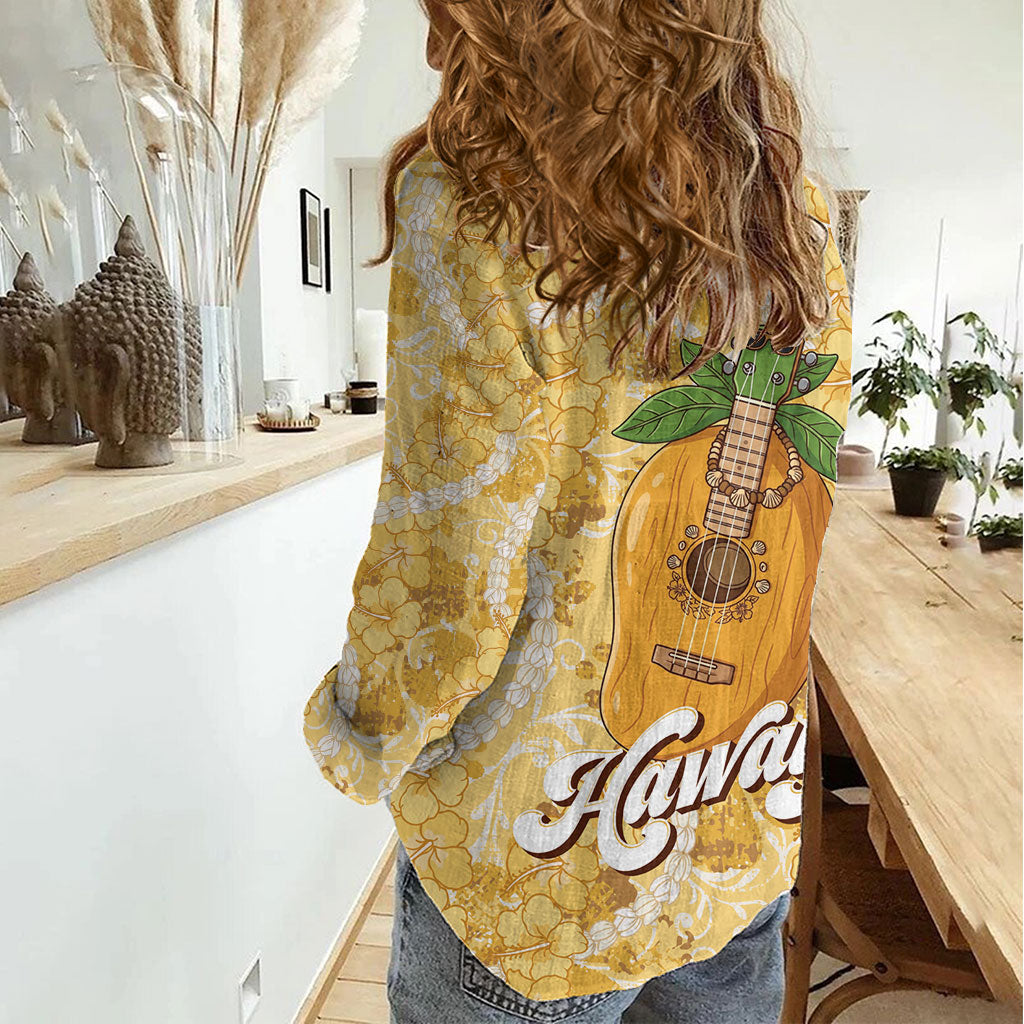 Hawaiian Mango Ukulele Women Casual Shirt Retro Yellow Hibiscus Pikake Lei