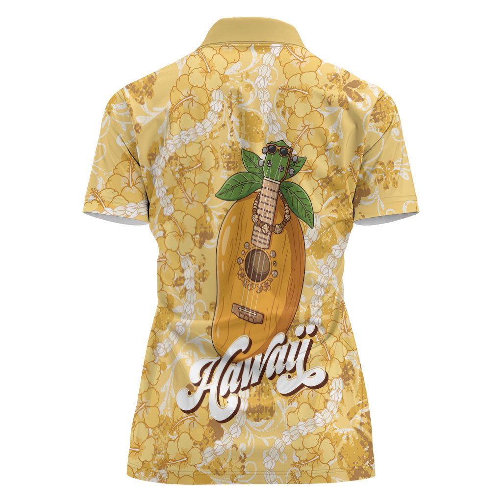Hawaiian Mango Ukulele Women Polo Shirt Retro Yellow Hibiscus Pikake Lei