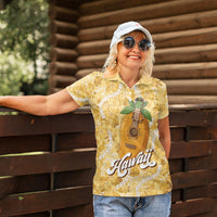 Hawaiian Mango Ukulele Women Polo Shirt Retro Yellow Hibiscus Pikake Lei