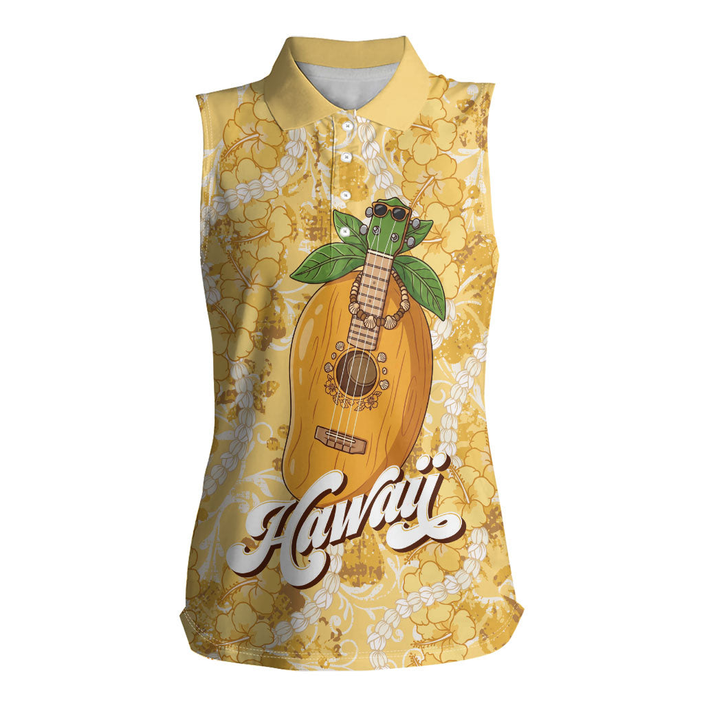 Hawaiian Mango Ukulele Women Sleeveless Polo Shirt Retro Yellow Hibiscus Pikake Lei