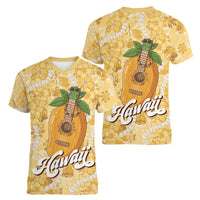 Hawaiian Mango Ukulele Women V-Neck T-Shirt Retro Yellow Hibiscus Pikake Lei