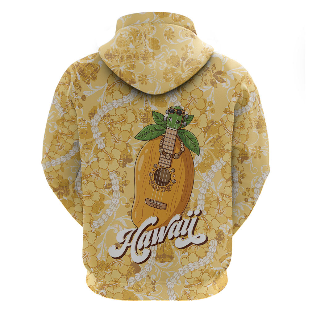 Hawaiian Mango Ukulele Zip Hoodie Retro Yellow Hibiscus Pikake Lei