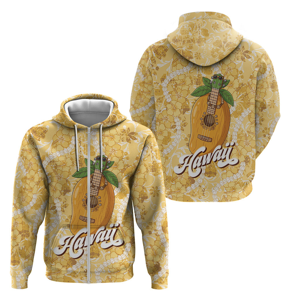 Hawaiian Mango Ukulele Zip Hoodie Retro Yellow Hibiscus Pikake Lei