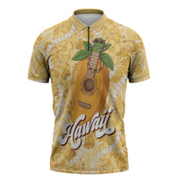Hawaiian Mango Ukulele Zipper Polo Shirt Retro Yellow Hibiscus Pikake Lei