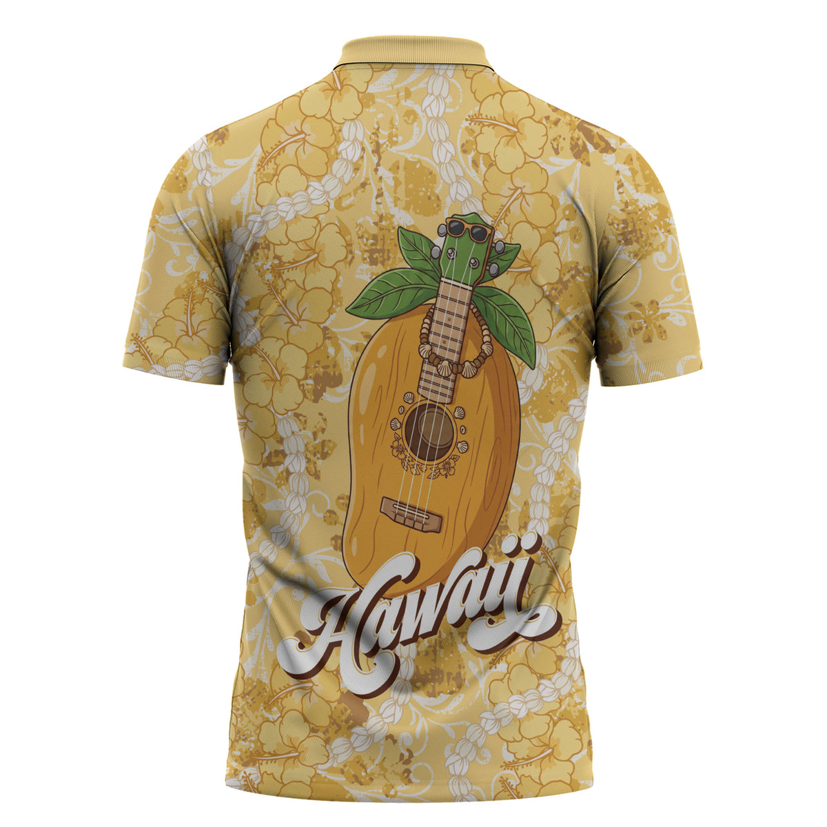 Hawaiian Mango Ukulele Zipper Polo Shirt Retro Yellow Hibiscus Pikake Lei