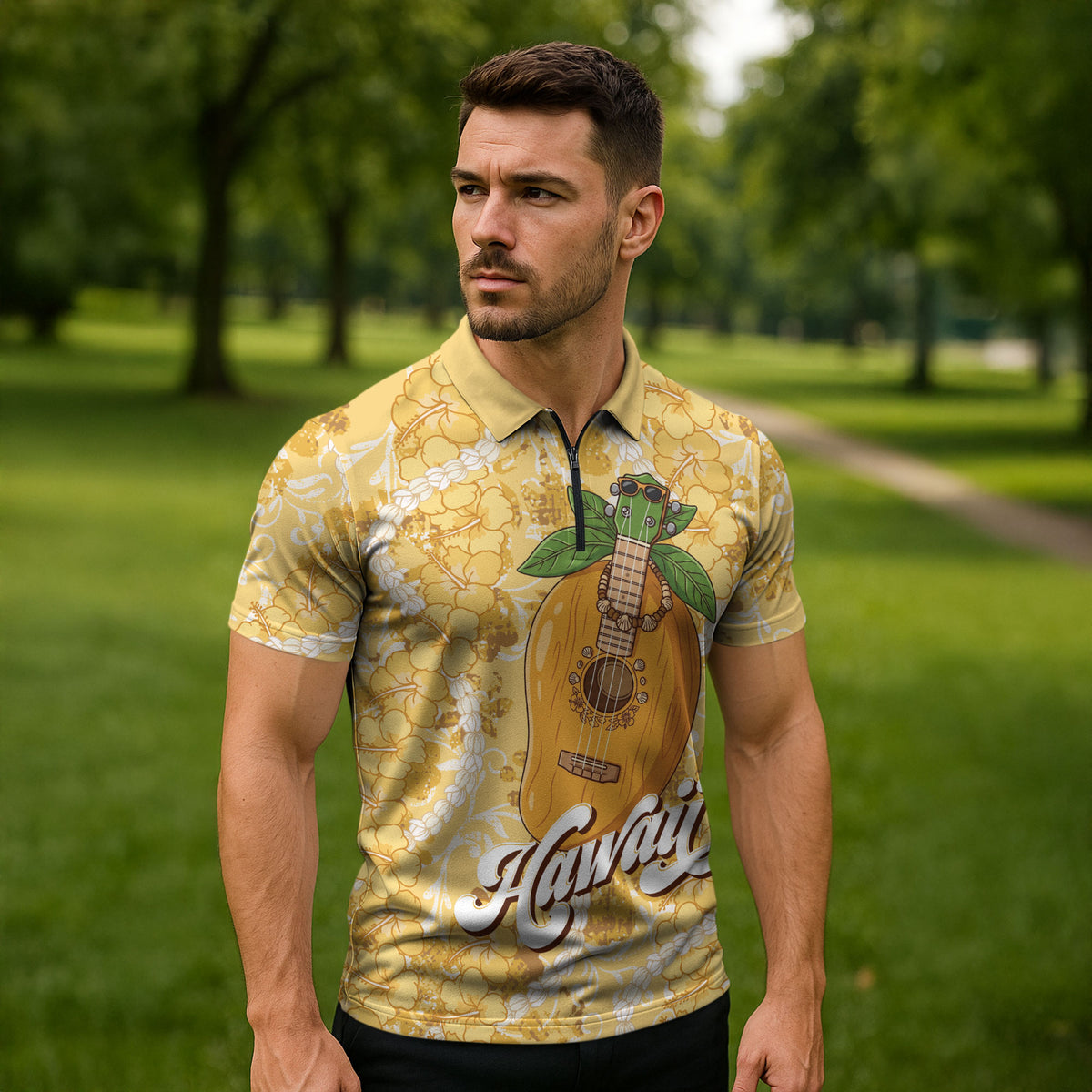 Hawaiian Mango Ukulele Zipper Polo Shirt Retro Yellow Hibiscus Pikake Lei