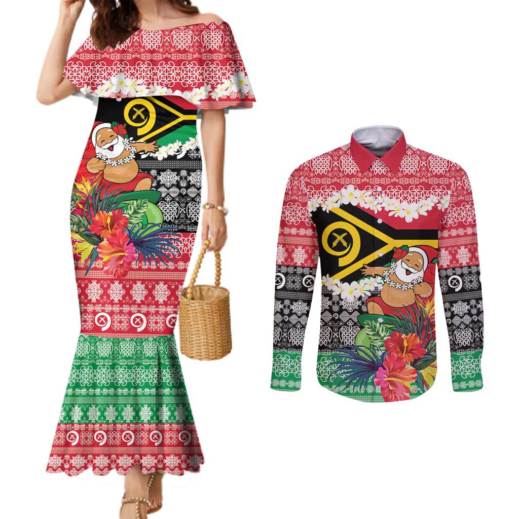 Personalised Vanuatu Joyeux Noel Couples Matching Mermaid Dress and Long Sleeve Button Shirt Proud To Be a Ni-Van Sand Drawing Art - Polynesian Pride