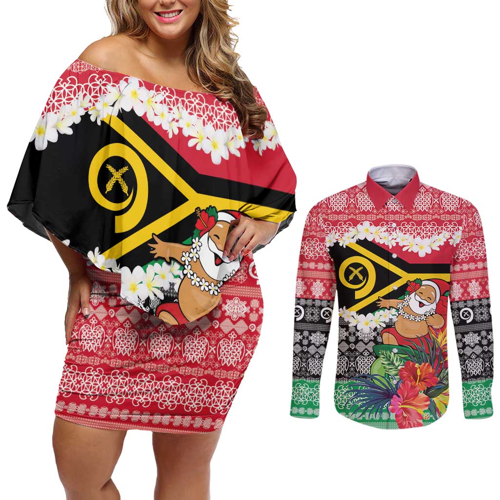 Personalised Vanuatu Joyeux Noel Couples Matching Off Shoulder Short Dress and Long Sleeve Button Shirt Proud To Be a Ni-Van Sand Drawing Art - Polynesian Pride