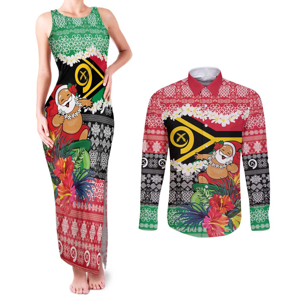 Personalised Vanuatu Joyeux Noel Couples Matching Tank Maxi Dress and Long Sleeve Button Shirt Proud To Be a Ni-Van Sand Drawing Art - Polynesian Pride