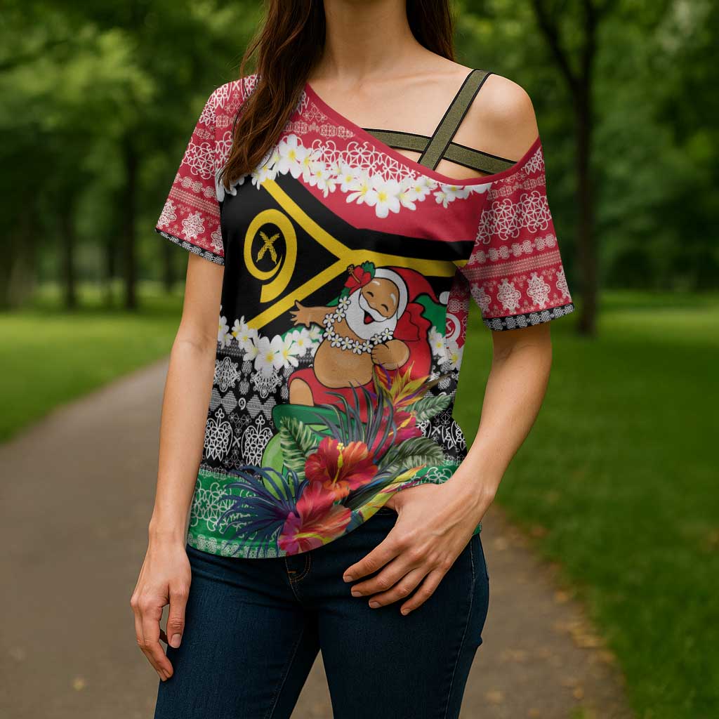 Personalised Vanuatu Joyeux Noel Cross Shoulder Shirt Proud To Be a Ni-Van Sand Drawing Art - Polynesian Pride