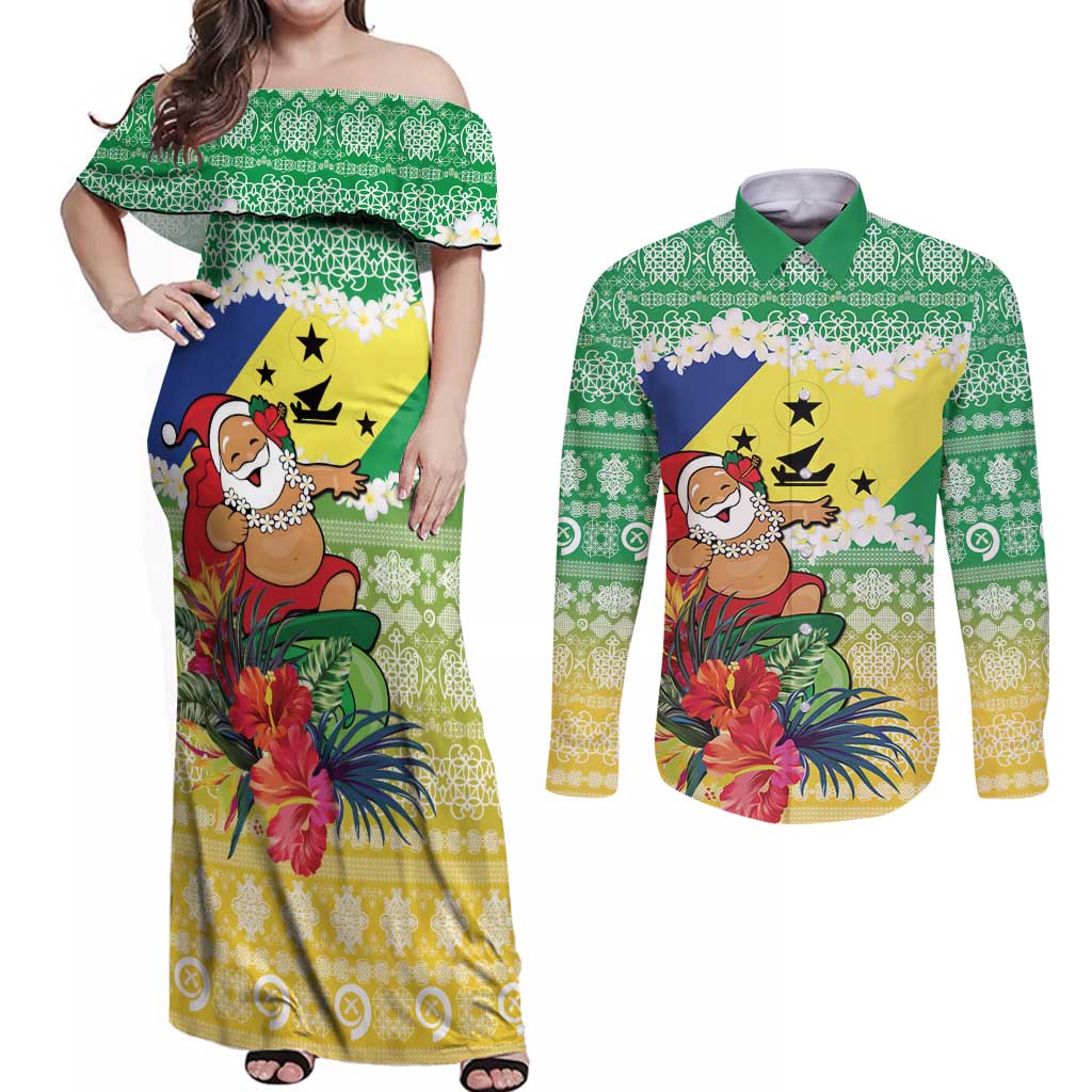 Personalised Malampa Joyeux Noel Couples Matching Off Shoulder Maxi Dress and Long Sleeve Button Shirt Proud To Be a Ni-Van Sand Drawing Art - Polynesian Pride