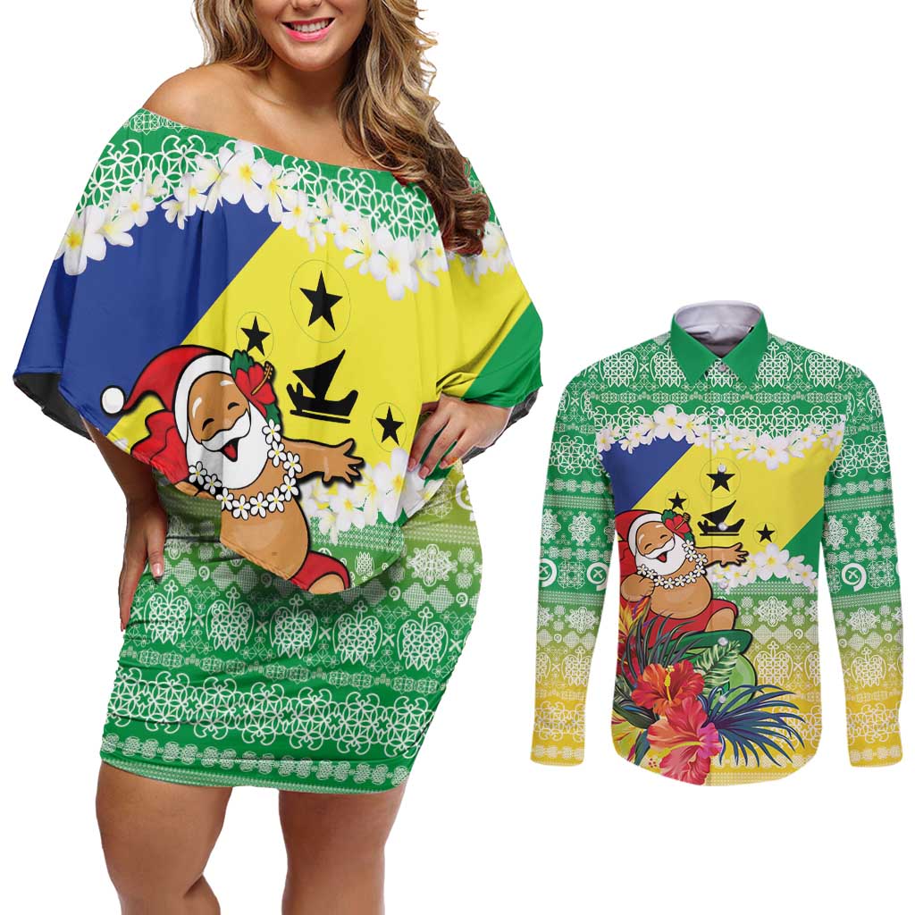 Personalised Malampa Joyeux Noel Couples Matching Off Shoulder Short Dress and Long Sleeve Button Shirt Proud To Be a Ni-Van Sand Drawing Art LT9 Lime - Polynesian Pride