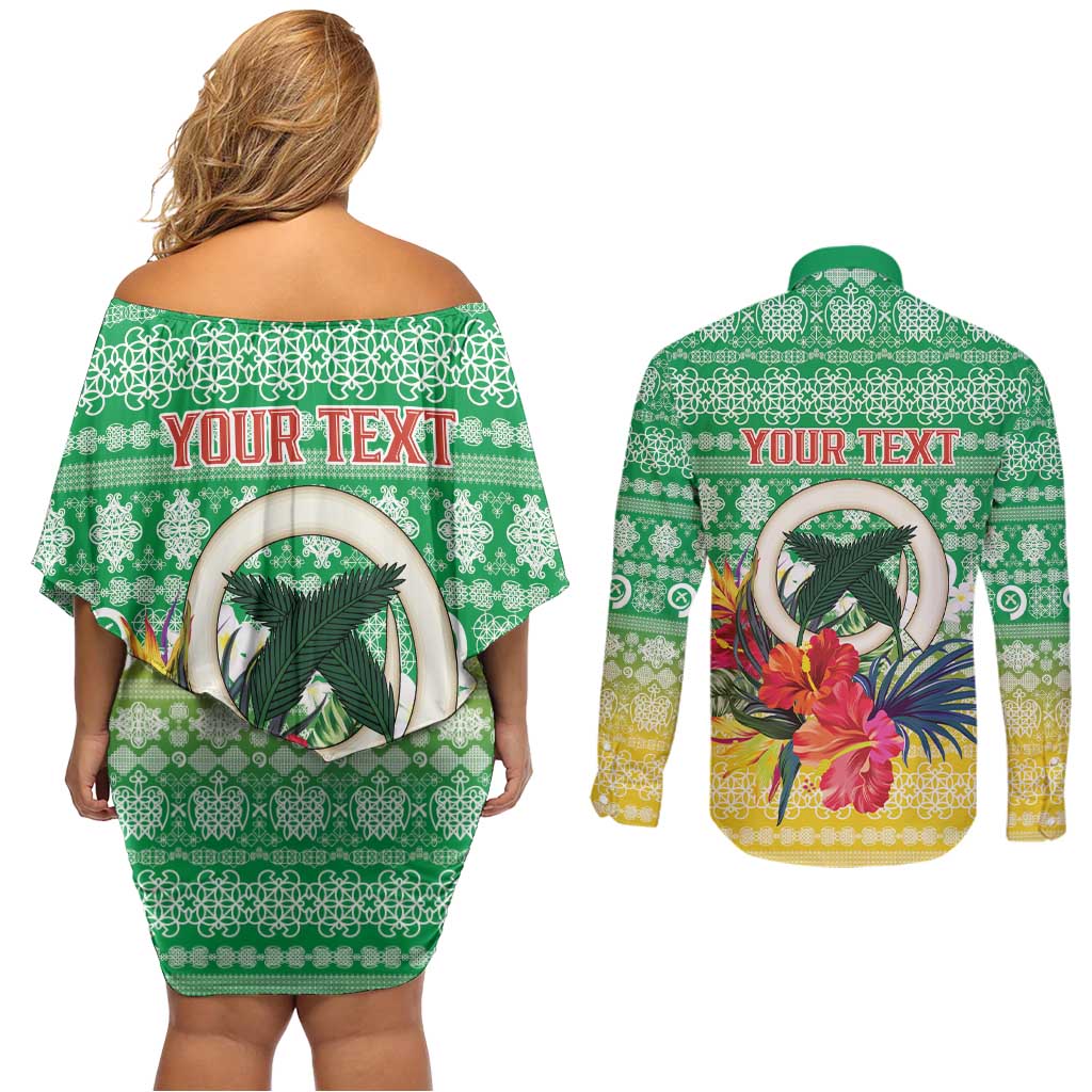 Personalised Malampa Joyeux Noel Couples Matching Off Shoulder Short Dress and Long Sleeve Button Shirt Proud To Be a Ni-Van Sand Drawing Art LT9 - Polynesian Pride