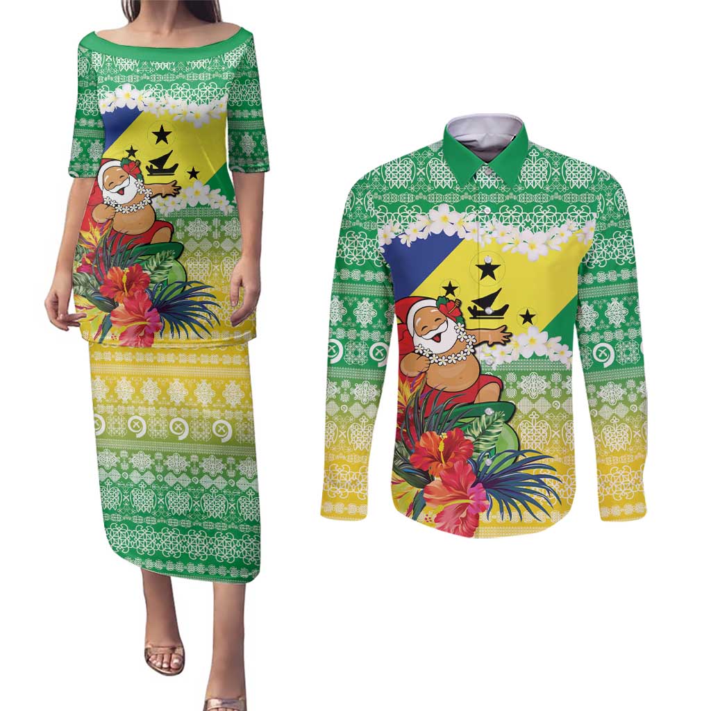 Personalised Malampa Joyeux Noel Couples Matching Puletasi and Long Sleeve Button Shirt Proud To Be a Ni-Van Sand Drawing Art - Polynesian Pride