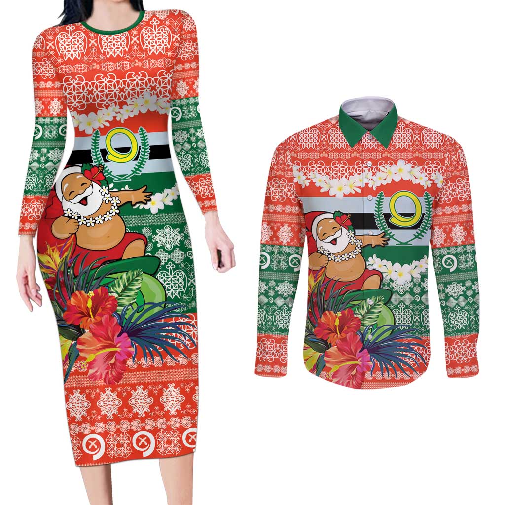 Personalised Penama Joyeux Noel Couples Matching Long Sleeve Bodycon Dress and Long Sleeve Button Shirt Proud To Be a Ni-Van Sand Drawing Art - Polynesian Pride