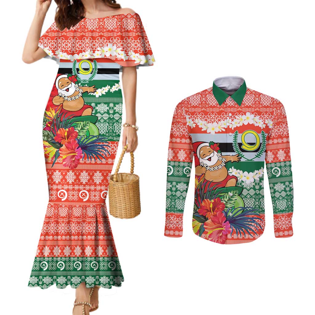 Personalised Penama Joyeux Noel Couples Matching Mermaid Dress and Long Sleeve Button Shirt Proud To Be a Ni-Van Sand Drawing Art LT9 Red - Polynesian Pride