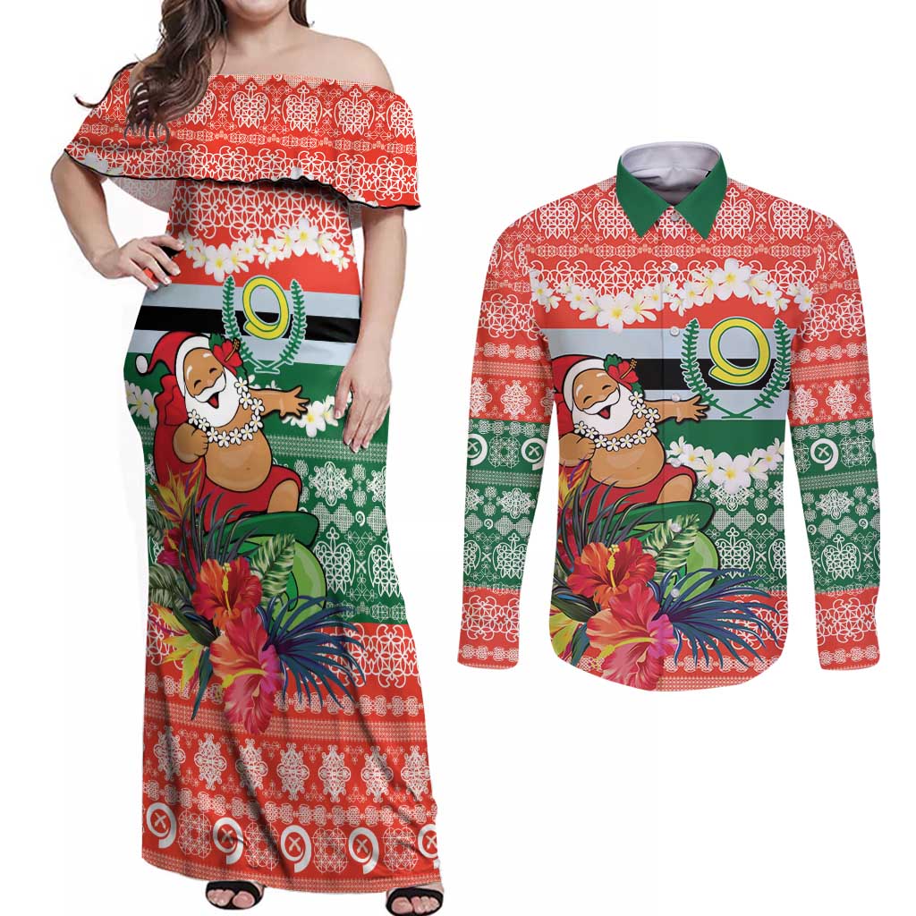 Personalised Penama Joyeux Noel Couples Matching Off Shoulder Maxi Dress and Long Sleeve Button Shirt Proud To Be a Ni-Van Sand Drawing Art - Polynesian Pride
