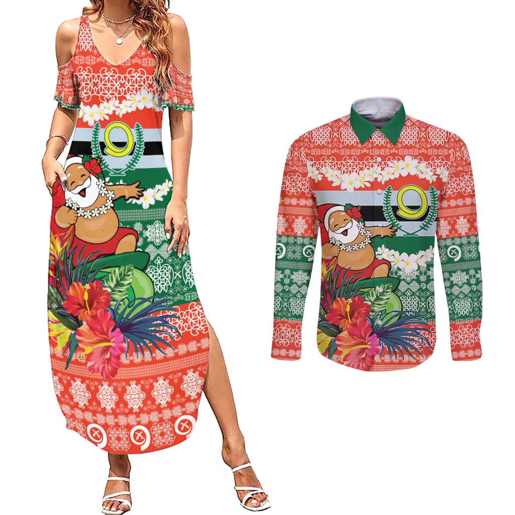 Personalised Penama Joyeux Noel Couples Matching Summer Maxi Dress and Long Sleeve Button Shirt Proud To Be a Ni-Van Sand Drawing Art - Polynesian Pride