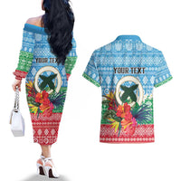 Personalised Sanma Joyeux Noel Couples Matching Off The Shoulder Long Sleeve Dress and Hawaiian Shirt Proud To Be a Ni-Van Sand Drawing Art - Polynesian Pride