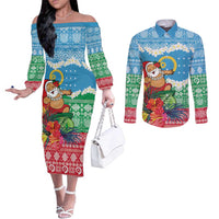 Personalised Sanma Joyeux Noel Couples Matching Off The Shoulder Long Sleeve Dress and Long Sleeve Button Shirt Proud To Be a Ni-Van Sand Drawing Art - Polynesian Pride