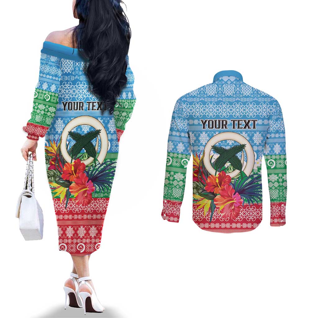 Personalised Sanma Joyeux Noel Couples Matching Off The Shoulder Long Sleeve Dress and Long Sleeve Button Shirt Proud To Be a Ni-Van Sand Drawing Art - Polynesian Pride