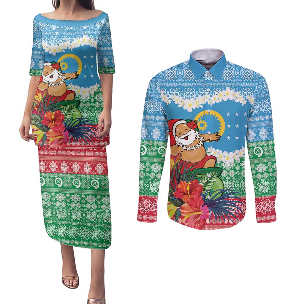 Personalised Sanma Joyeux Noel Couples Matching Puletasi and Long Sleeve Button Shirt Proud To Be a Ni-Van Sand Drawing Art - Polynesian Pride