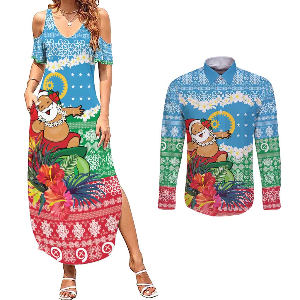 Personalised Sanma Joyeux Noel Couples Matching Summer Maxi Dress and Long Sleeve Button Shirt Proud To Be a Ni-Van Sand Drawing Art - Polynesian Pride