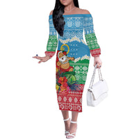 Personalised Sanma Joyeux Noel Family Matching Off The Shoulder Long Sleeve Dress and Hawaiian Shirt Proud To Be a Ni-Van Sand Drawing Art - Polynesian Pride