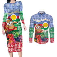 Personalised Shefa Joyeux Noel Couples Matching Long Sleeve Bodycon Dress and Long Sleeve Button Shirt Proud To Be a Ni-Van Sand Drawing Art - Polynesian Pride