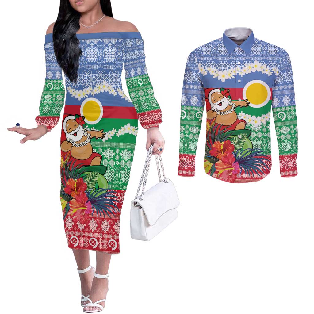 Personalised Shefa Joyeux Noel Couples Matching Off The Shoulder Long Sleeve Dress and Long Sleeve Button Shirt Proud To Be a Ni-Van Sand Drawing Art - Polynesian Pride