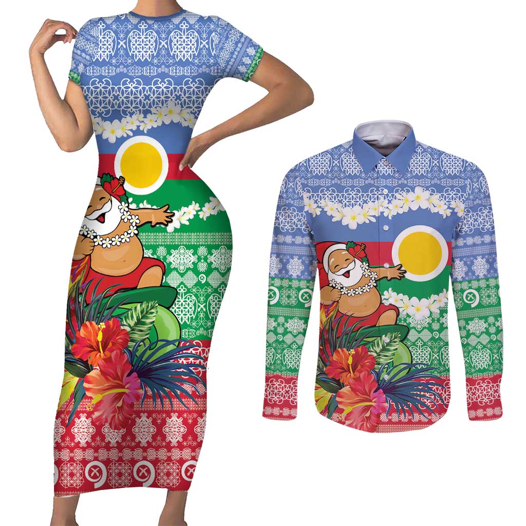 Personalised Shefa Joyeux Noel Couples Matching Short Sleeve Bodycon Dress and Long Sleeve Button Shirt Proud To Be a Ni-Van Sand Drawing Art - Polynesian Pride