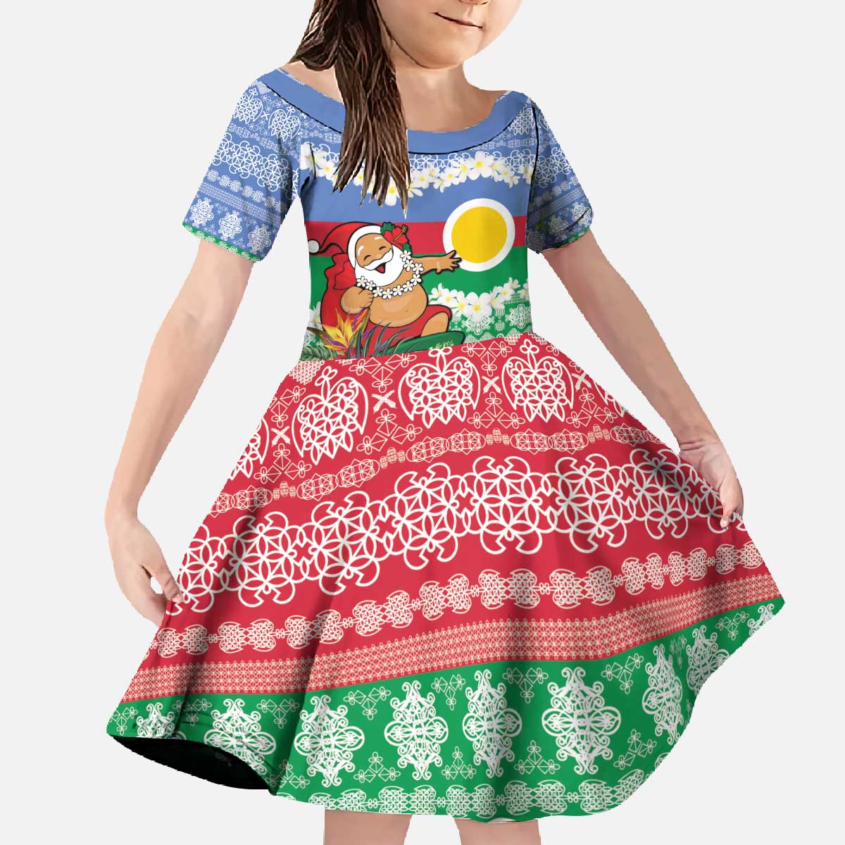 Personalised Shefa Joyeux Noel Family Matching Off The Shoulder Long Sleeve Dress and Hawaiian Shirt Proud To Be a Ni-Van Sand Drawing Art - Polynesian Pride
