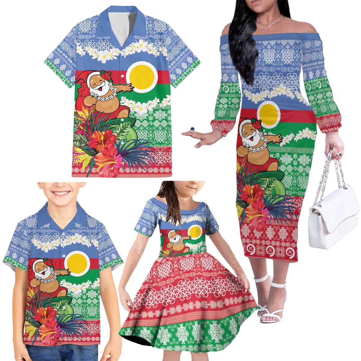 Personalised Shefa Joyeux Noel Family Matching Off The Shoulder Long Sleeve Dress and Hawaiian Shirt Proud To Be a Ni-Van Sand Drawing Art - Polynesian Pride