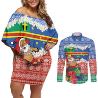 Personalised Tafea Joyeux Noel Couples Matching Off Shoulder Short Dress and Long Sleeve Button Shirt Proud To Be a Ni-Van Sand Drawing Art - Polynesian Pride