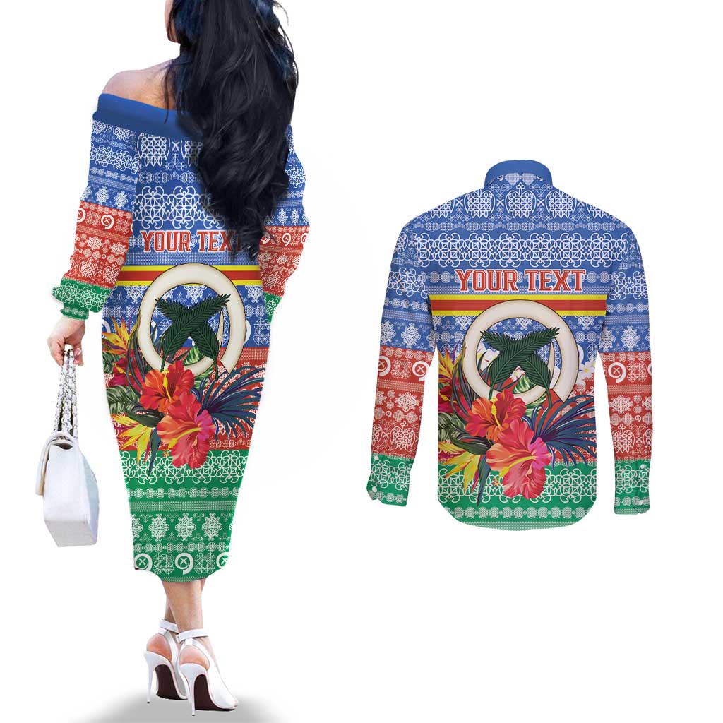 Personalised Tafea Joyeux Noel Couples Matching Off The Shoulder Long Sleeve Dress and Long Sleeve Button Shirt Proud To Be a Ni-Van Sand Drawing Art - Polynesian Pride