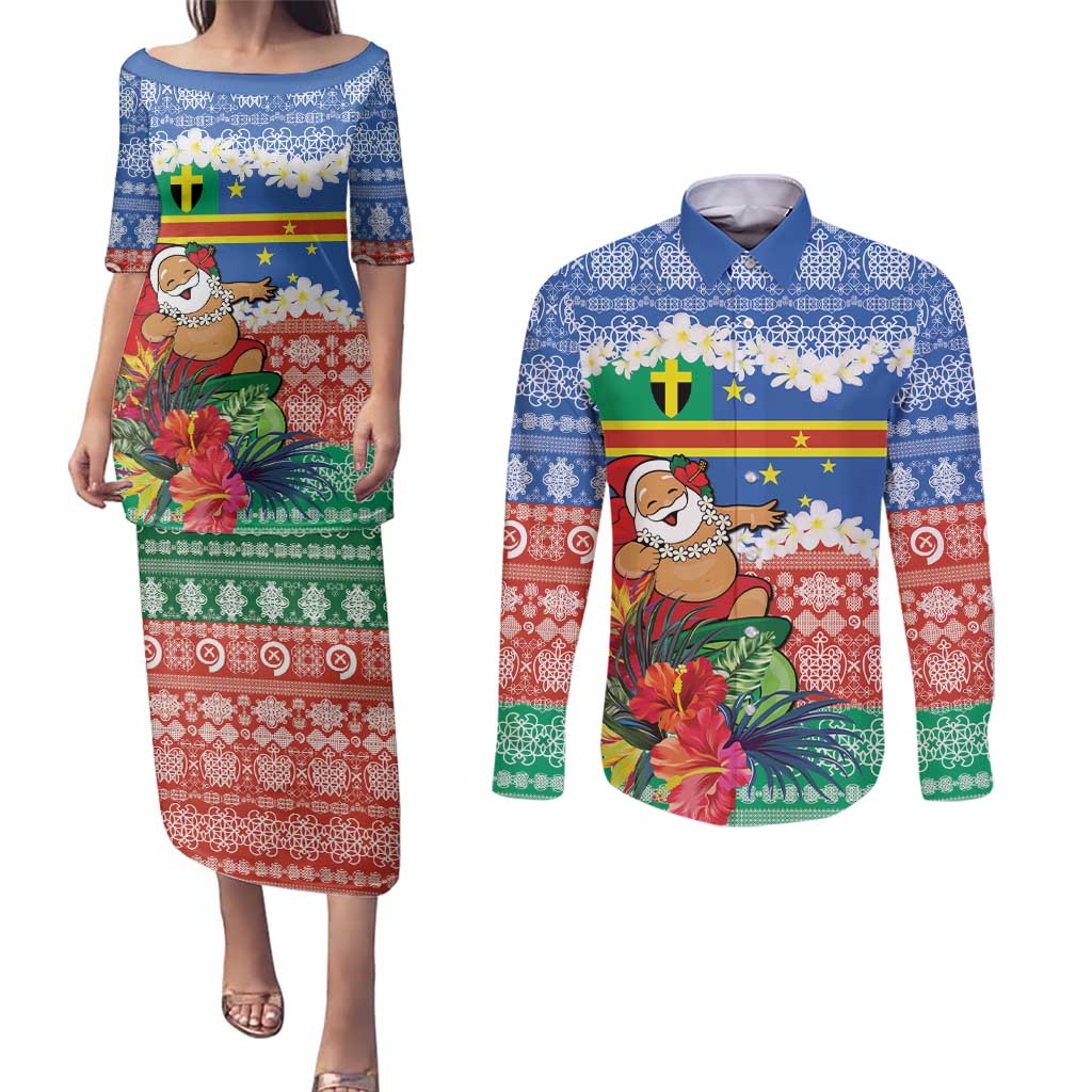 Personalised Tafea Joyeux Noel Couples Matching Puletasi and Long Sleeve Button Shirt Proud To Be a Ni-Van Sand Drawing Art - Polynesian Pride