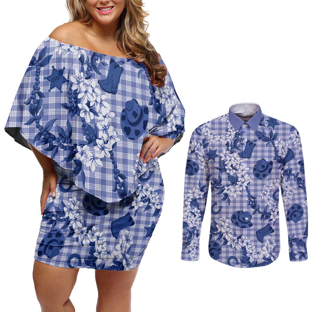 Mokihana Maile Ilima Leis Paniolo Palaka Couples Matching Off Shoulder Short Dress and Long Sleeve Button Shirt Hawaiian Polu Spirit - Polynesian Pride