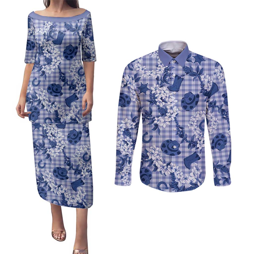 Mokihana Maile Ilima Leis Paniolo Palaka Couples Matching Puletasi and Long Sleeve Button Shirt Hawaiian Polu Spirit - Polynesian Pride