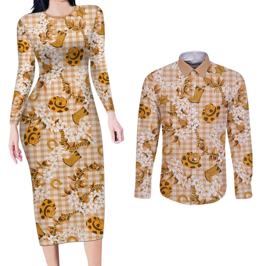 Mokihana Maile Ilima Leis Paniolo Palaka Couples Matching Long Sleeve Bodycon Dress and Long Sleeve Button Shirt Hawaiian Kula Spirit - Polynesian Pride