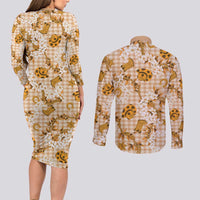 Mokihana Maile Ilima Leis Paniolo Palaka Couples Matching Long Sleeve Bodycon Dress and Long Sleeve Button Shirt Hawaiian Kula Spirit - Polynesian Pride