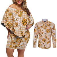 Mokihana Maile Ilima Leis Paniolo Palaka Couples Matching Off Shoulder Short Dress and Long Sleeve Button Shirt Hawaiian Kula Spirit - Polynesian Pride