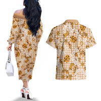 Mokihana Maile Ilima Leis Paniolo Palaka Couples Matching Off The Shoulder Long Sleeve Dress and Hawaiian Shirt Hawaiian Kula Spirit - Polynesian Pride