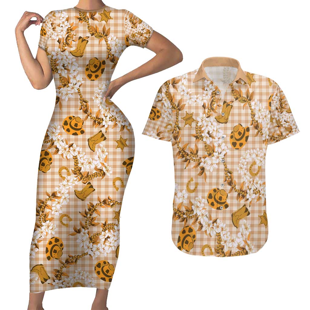 Mokihana Maile Ilima Leis Paniolo Palaka Couples Matching Short Sleeve Bodycon Dress and Hawaiian Shirt Hawaiian Kula Spirit - Polynesian Pride