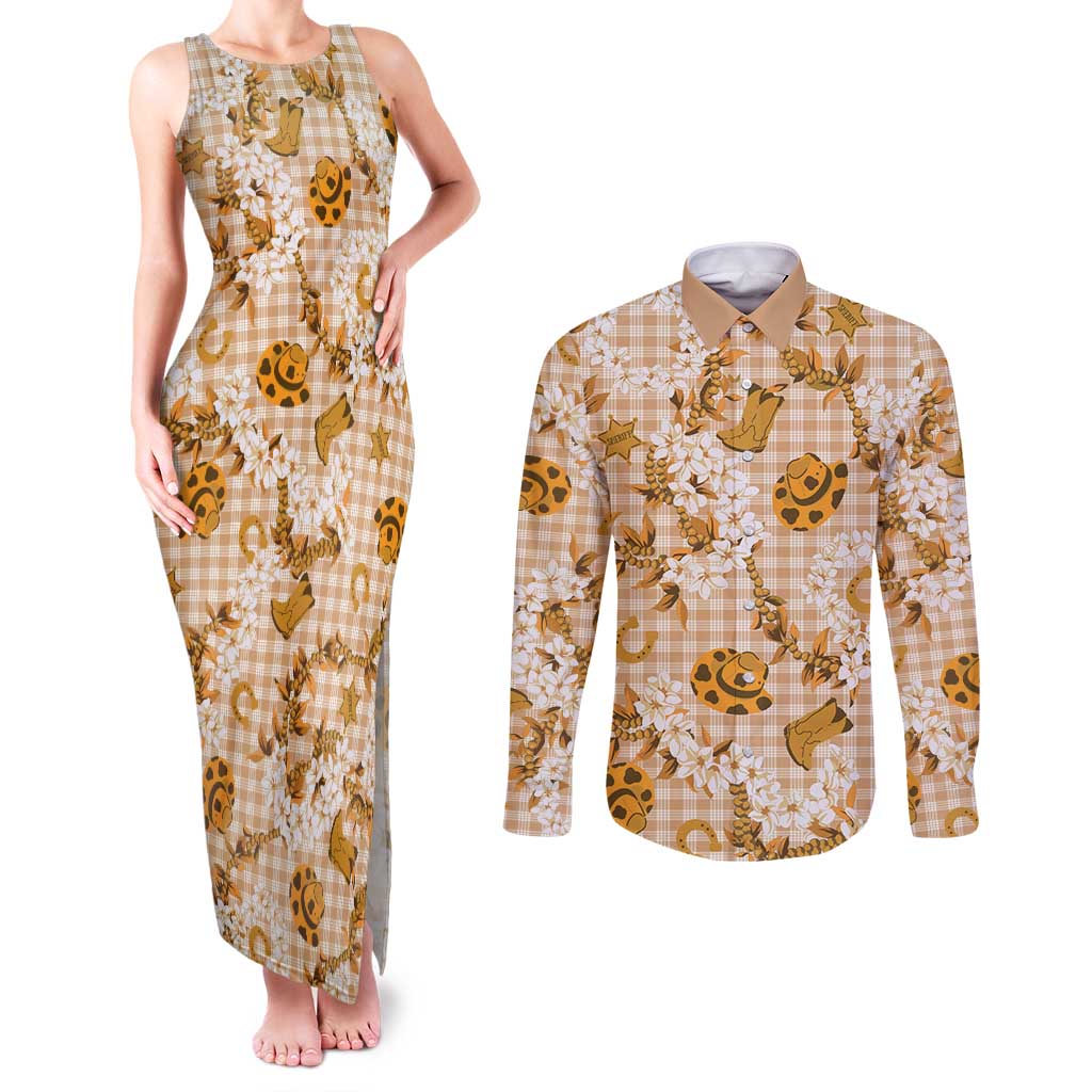 Mokihana Maile Ilima Leis Paniolo Palaka Couples Matching Tank Maxi Dress and Long Sleeve Button Shirt Hawaiian Kula Spirit - Polynesian Pride
